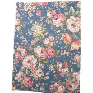 Floral Pattern Fabric Material Pink Roses On Blue Background 11" X 15"